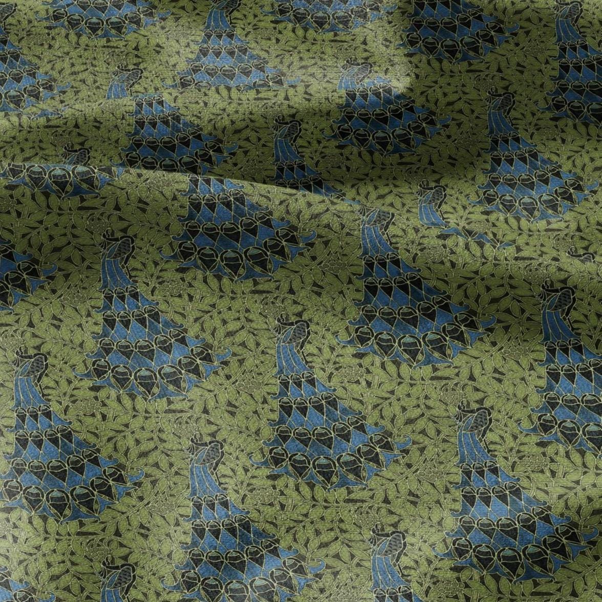 100% linen Vintage Peacock fabric for Curtain Upholstery Cushion - green blue print fabric for dress making sewing