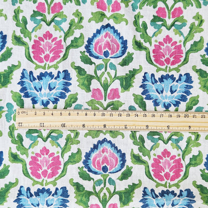 100% LINEN Fabric floral print on linen - Bright Botanical fabric large flowers pink blue green for upholstery curtains home textile 2646B