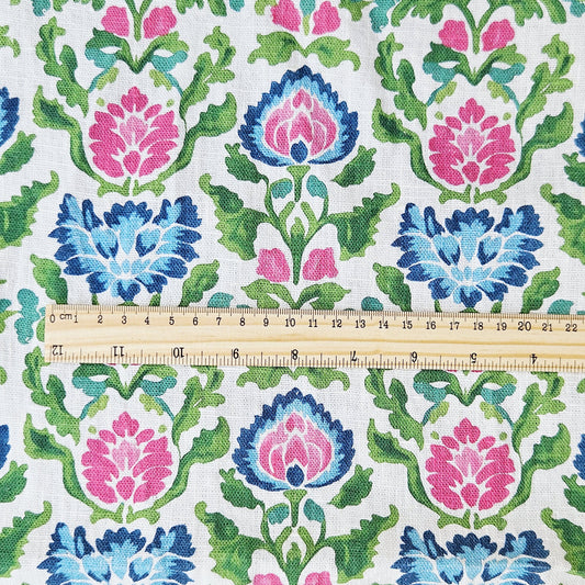 100% LINEN Fabric floral print on linen - Bright Botanical fabric large flowers pink blue green for upholstery curtains home textile 2646B