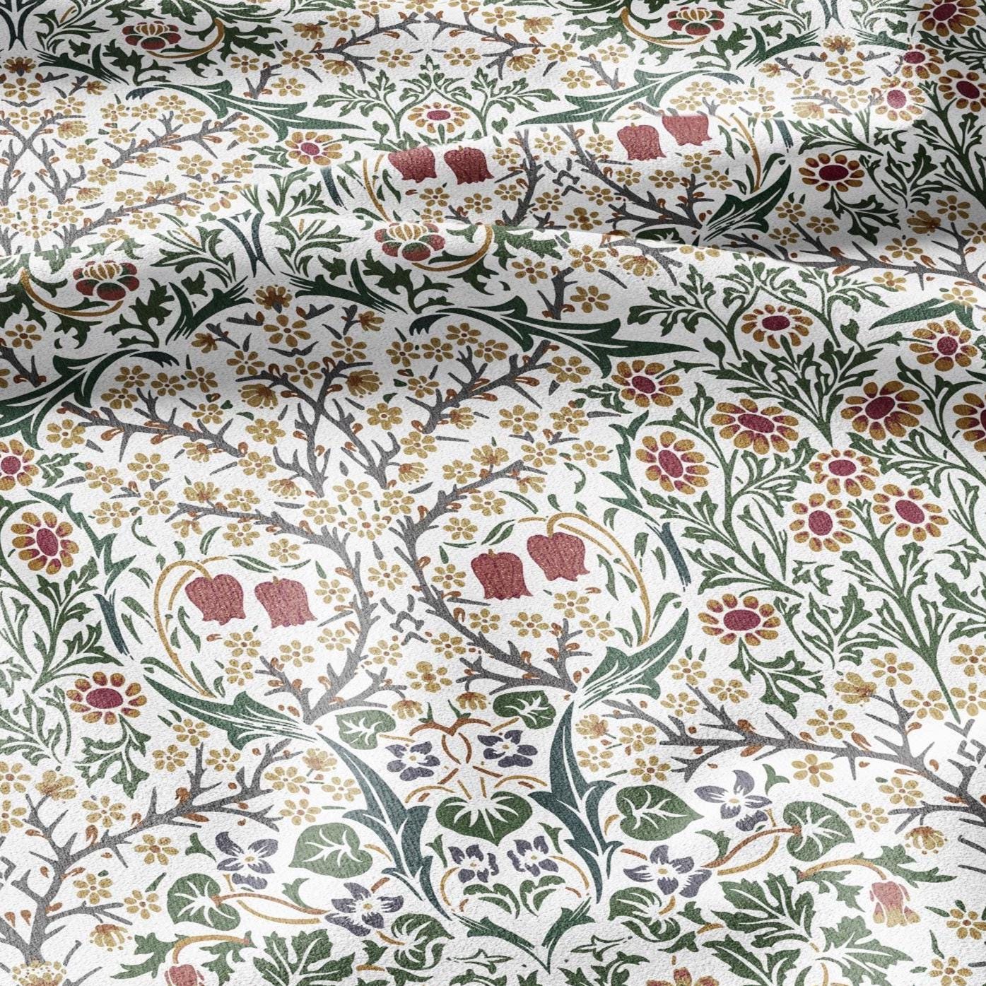 William Morris Blackthorn 100% LINEN Fabric - British linen floral upholstery home textile Victorian fabrics blue green 3179