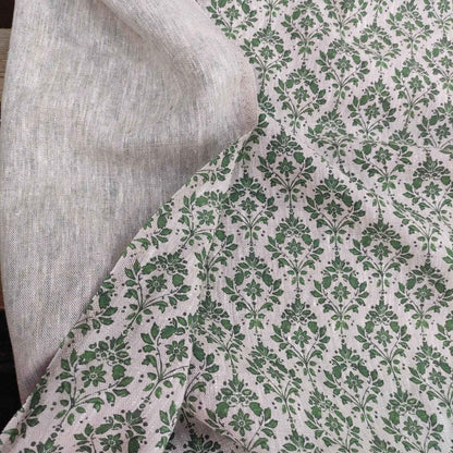 100% LINEN Fabric french green block print on oatmeal natur linen, upholstery linen fabric for home decor 340