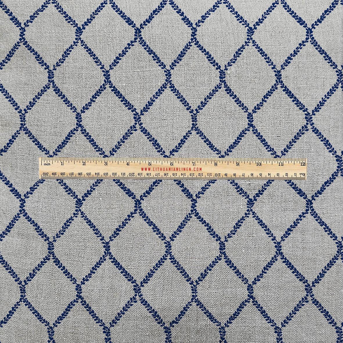 100% LINEN Fabric UPHOLSTERY 12oz - Blue trellis on natural taupe grey linen - Modern vintage Grandmillenial floral upholstery 2949