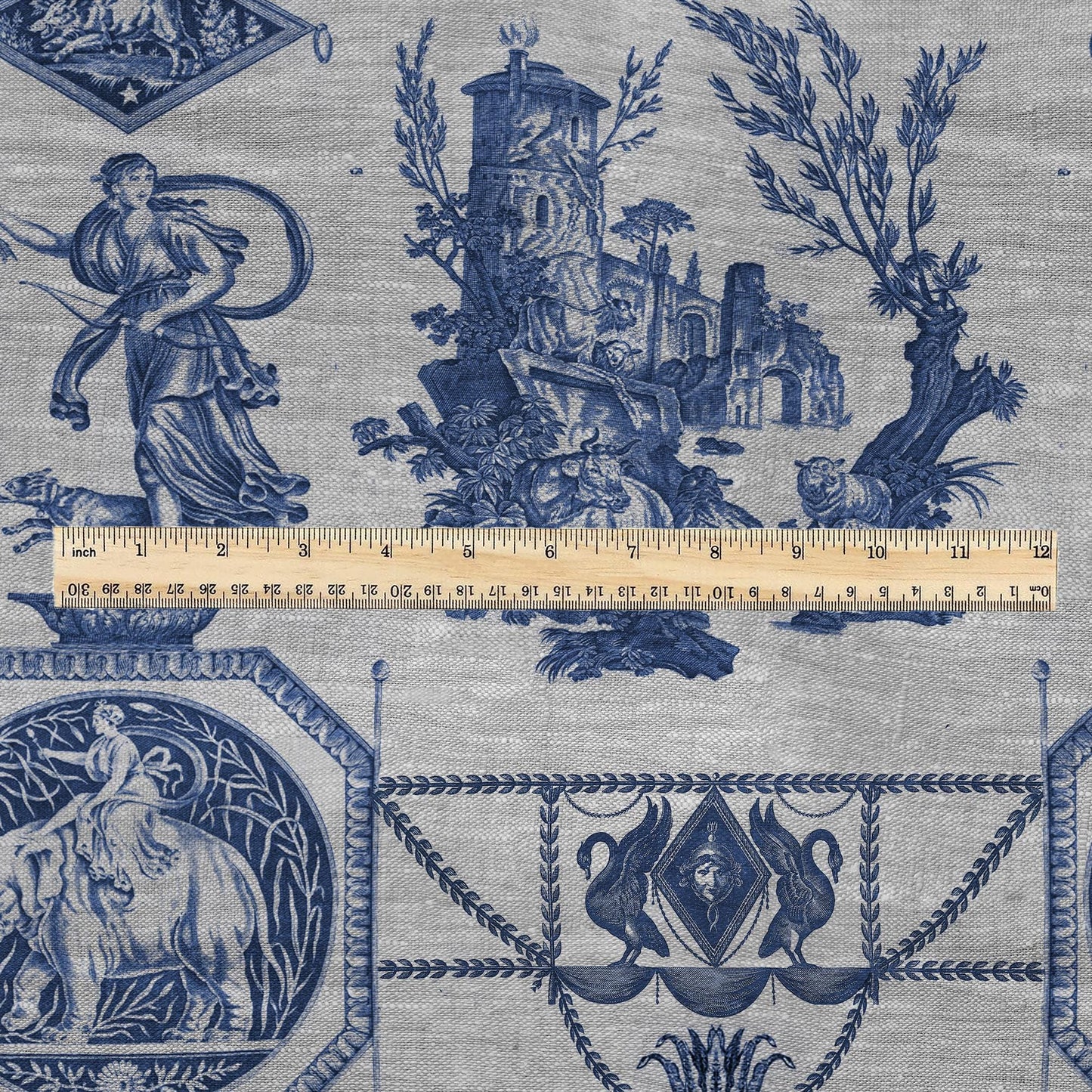 100% LINEN Fabric french blue print oatmeal - Goddess Diana with Lion - toile de jouy - Diane chasseresse by Jean-Baptiste Huet 3413