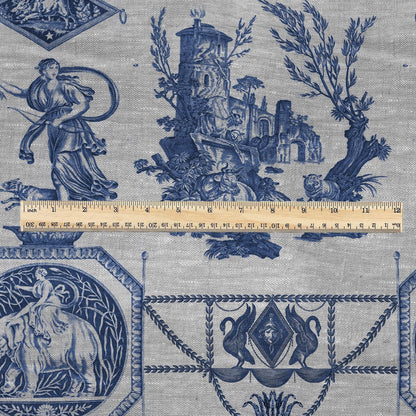 100% LINEN Fabric french blue print oatmeal - Goddess Diana with Lion - toile de jouy - Diane chasseresse by Jean-Baptiste Huet 3413