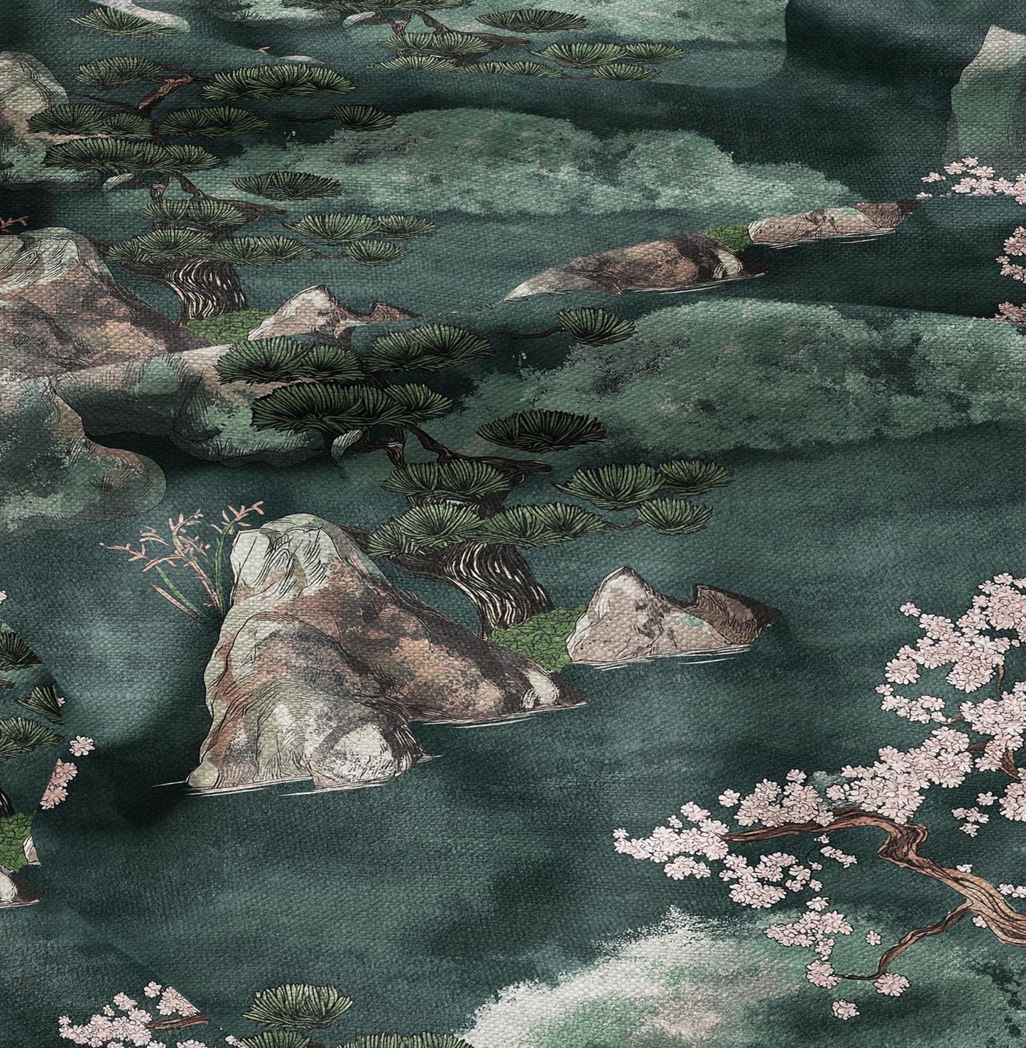 100% LINEN Fabric Zen garden print -  linen fabric with oriental landscape for home decor upholster dressmaking - sakura blossom bonsai
