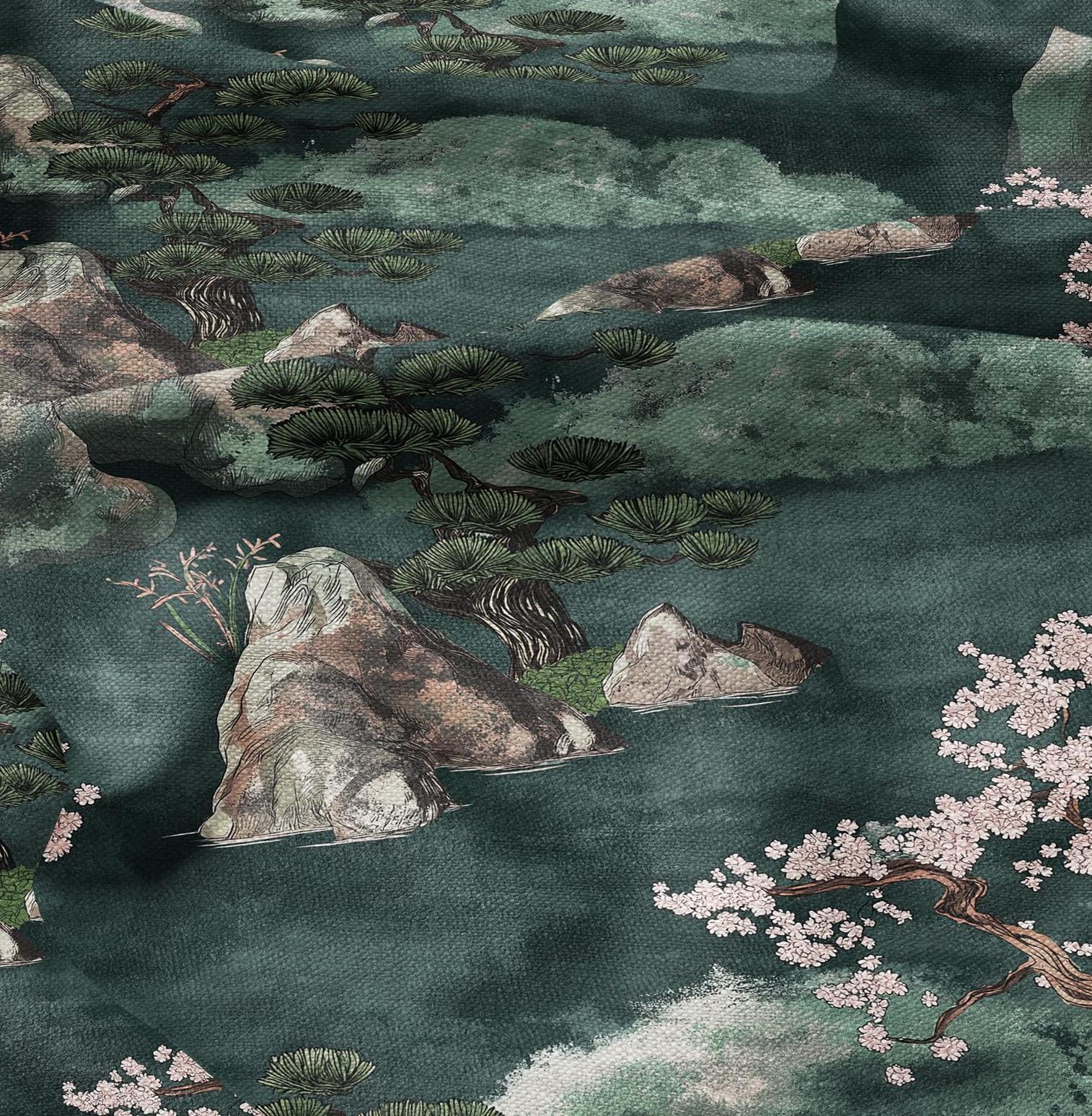 100% LINEN Fabric Zen garden print -  linen fabric with oriental landscape for home decor upholster dressmaking - sakura blossom bonsai
