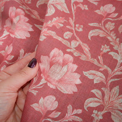 100% LINEN Fabric red floral print on linen, botanical print fabric for upholstery home decor curtains pillows cushions
