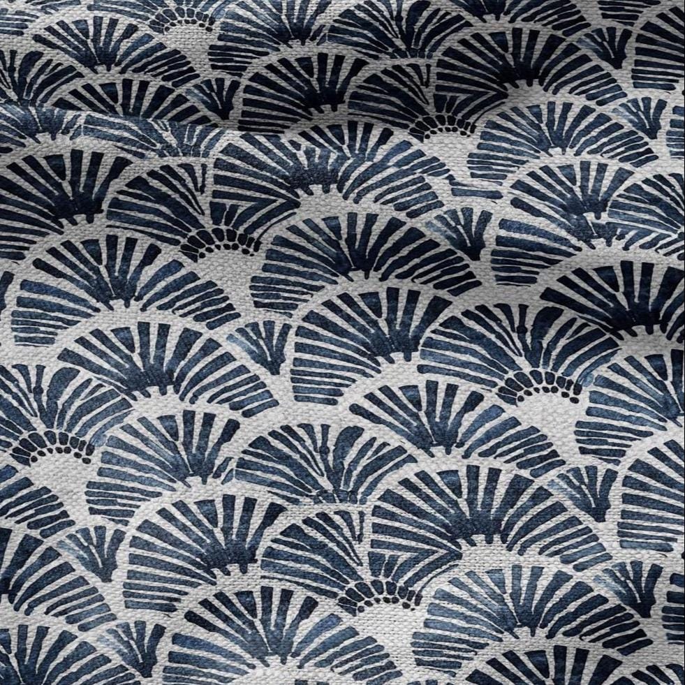100% LINEN Fabric Block print blue fan - oatmeal linen fabric with japanese print - heavy for home decor clothing 2363