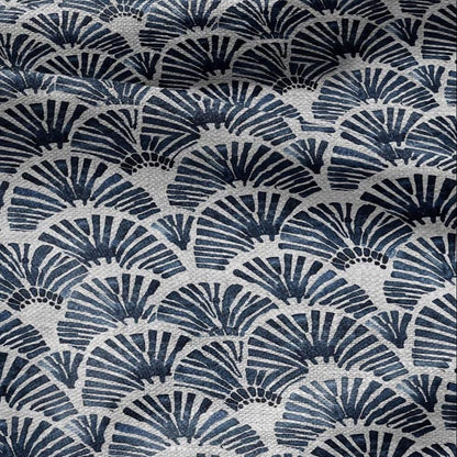 100% LINEN Fabric Block print blue fan - oatmeal linen fabric with japanese print - heavy for home decor clothing 2363