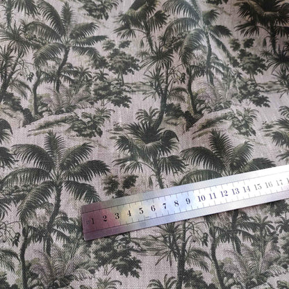 100% LINEN Fabric floral green palm trees print on oatmeal natur linen, linen botanical fabric for upholstery home decor
