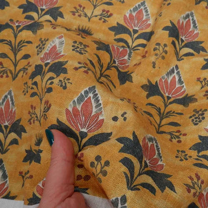 100% LINEN Fabric block print in mustard yellow - linen fabric floral print - light upholstery home decor dressmaking sewing 2079