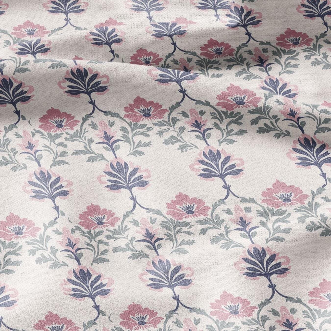 100% LINEN Fabric oriental print - preppy pink floral block print - upholstery home decor clothing  sewing 2375