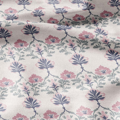 100% LINEN Fabric oriental print - preppy pink floral block print - upholstery home decor clothing  sewing 2375