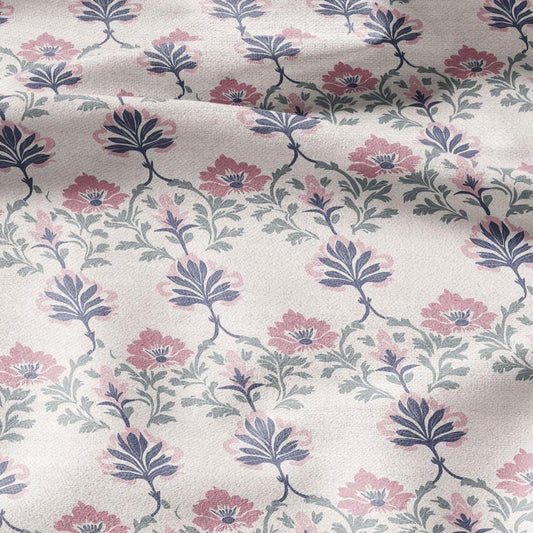100% LINEN Fabric oriental print - preppy pink floral block print - upholstery home decor clothing  sewing 2375