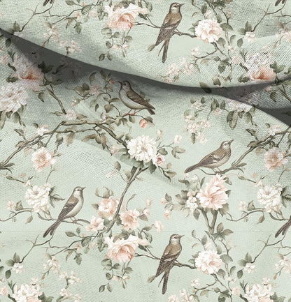 100% LINEN Fabric floral with birds print, heavy linen fabric with pale green print for upholstery home decor curtains pillowcases