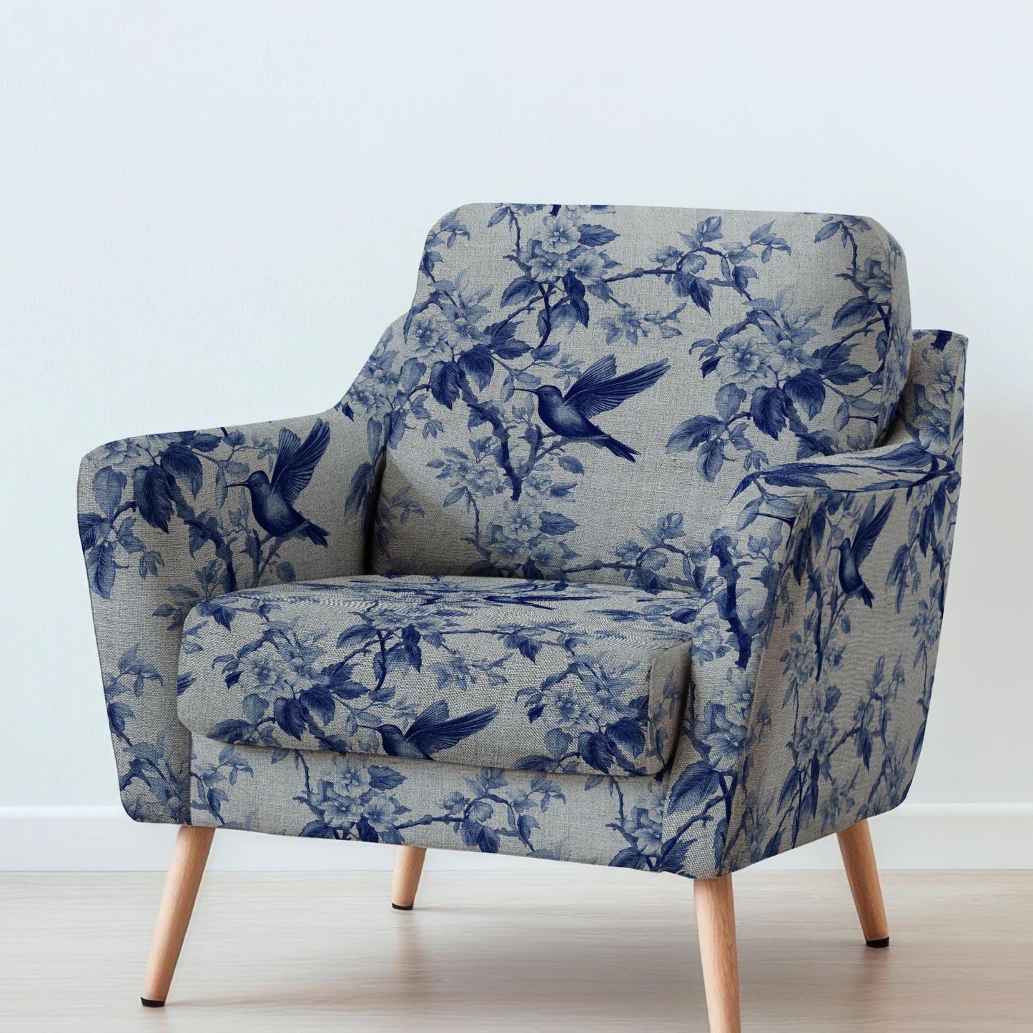 100% LINEN Fabric UPHOLSTERY 12oz - hummingbird floral blue print on linen - Modern vintage marine toile de jouy upholstery 2281