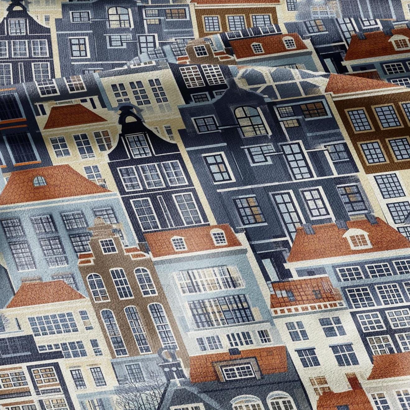 100% LINEN Fabric Amsterdam houses Holand scenery - linen fabric for upholstery home decor tablecloth curtains dress making