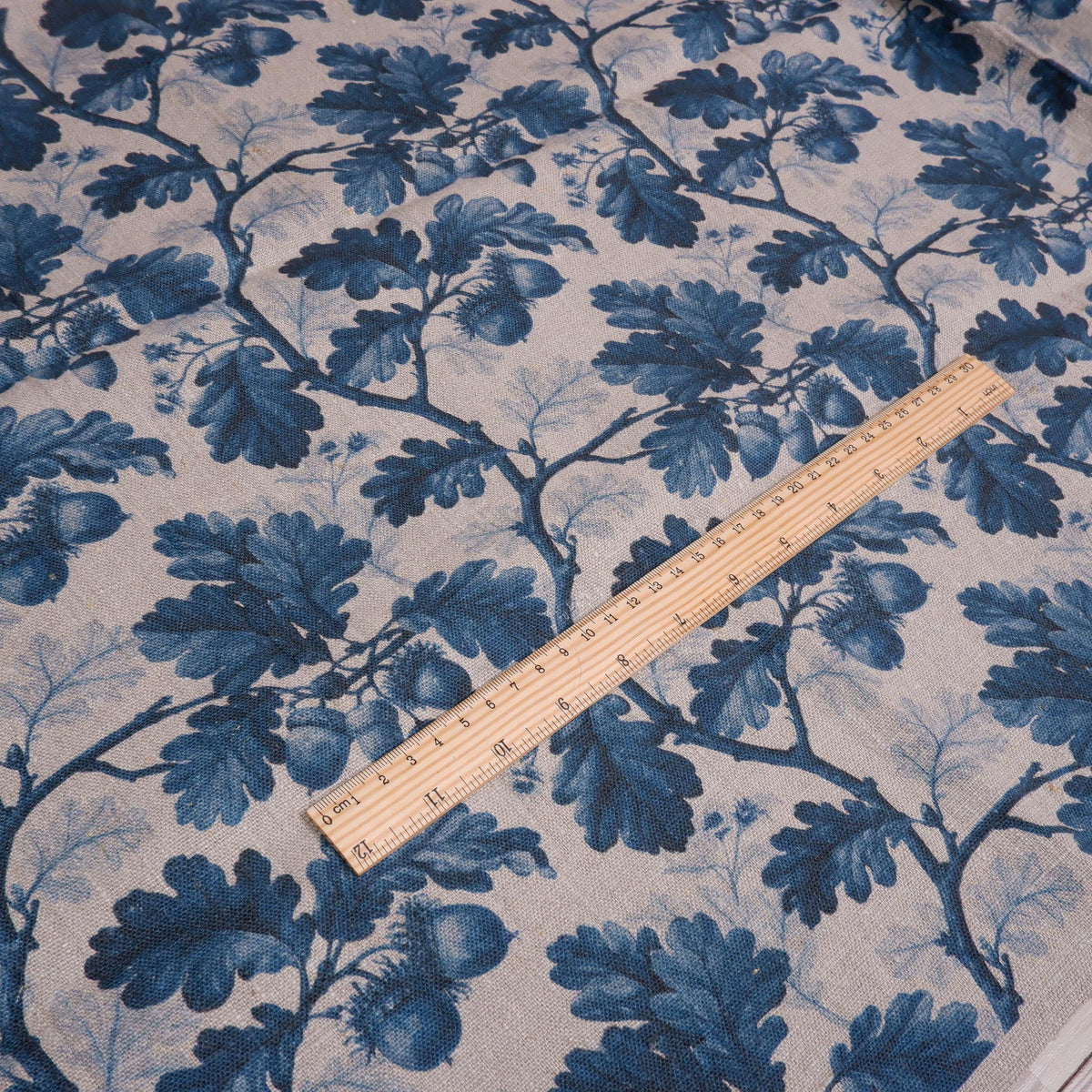 100% LINEN Fabric print Oak leaves with acorn blue grey -  floral botanical print - heavy for upholstery home decor clothing 3712