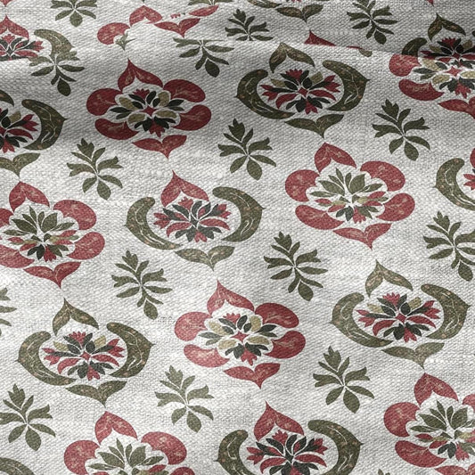 100% LINEN Fabric hand block print flowers - oatmeal linen fabric with red green print - fabric for home decor upholstery