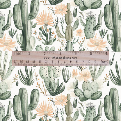 100% LINEN Fabric green Cactus - botanical flax fabric Greenery print upholstery dressmaking clothing - Tropical Desert fabric 2094
