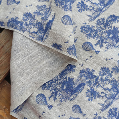 100% LINEN Fabric Toile de Jouy with air Balloon, oatmeal natur linen fabric with blue indigo  print, coastal French linen fabric upholstery