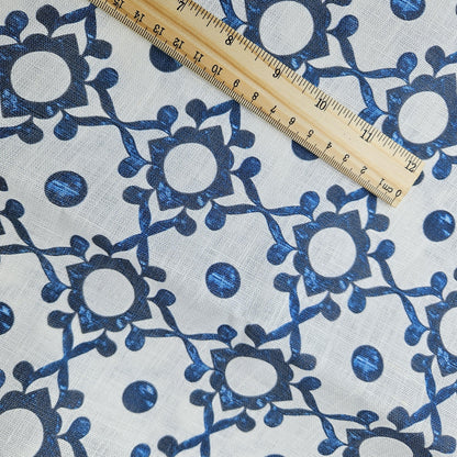 100% LINEN Fabric block print indigo blue on white - linen fabric with blue floral print  heavy linen fabric for upholstery home decor