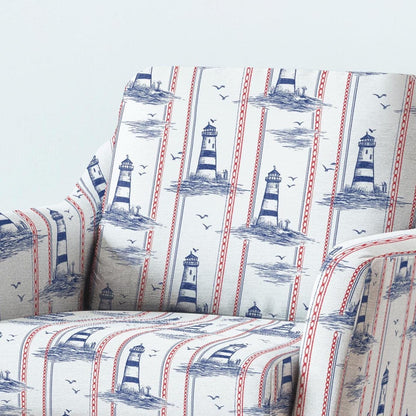 100% LINEN Fabric UPHOLSTERY 12oz - Lighthouse print on linen - Modern vintage pattern marine blue red stripe coastal 2777