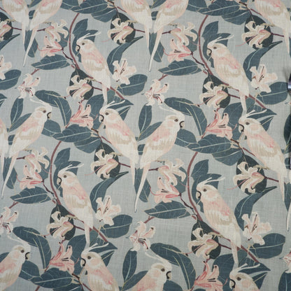 100% LINEN Fabric french blue block print on oatmeal natur linen, floral  fabric with parrot French linen botanical upholstery clothing