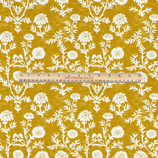 100% LINEN Fabric UPHOLSTERY 12oz - Mustard floral on linen - Modern vintage Grandmillenial  upholstery 2223