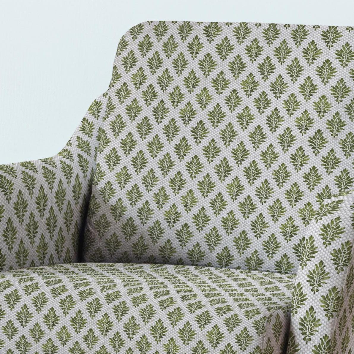 100% LINEN Fabric UPHOLSTERY 12oz - green block print - oatmeal linen fabric with floral print - Modern Vintage upholstery 302