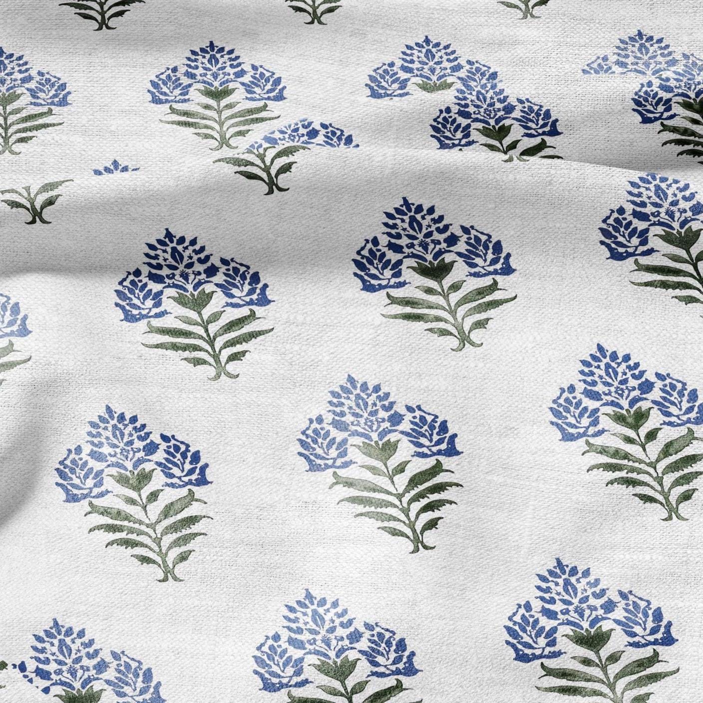 100% LINEN Fabric Block print Parijat flower - botanical upholstery home textile artisan fabrics blue green white 2755