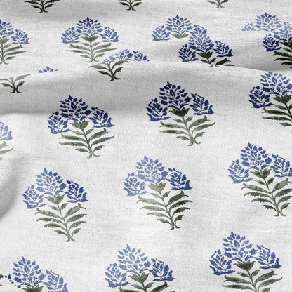 100% LINEN Fabric Block print Parijat flower - botanical upholstery home textile artisan fabrics blue green white 2755