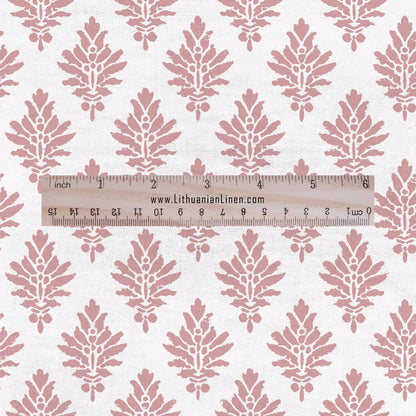 100% LINEN Fabric block print blush pink on white , white botanical fabric with moss green print, indian block print on linen 2954 KENSI