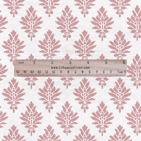 100% LINEN Fabric block print blush pink on white , white botanical fabric with moss green print, indian block print on linen 2954 KENSI