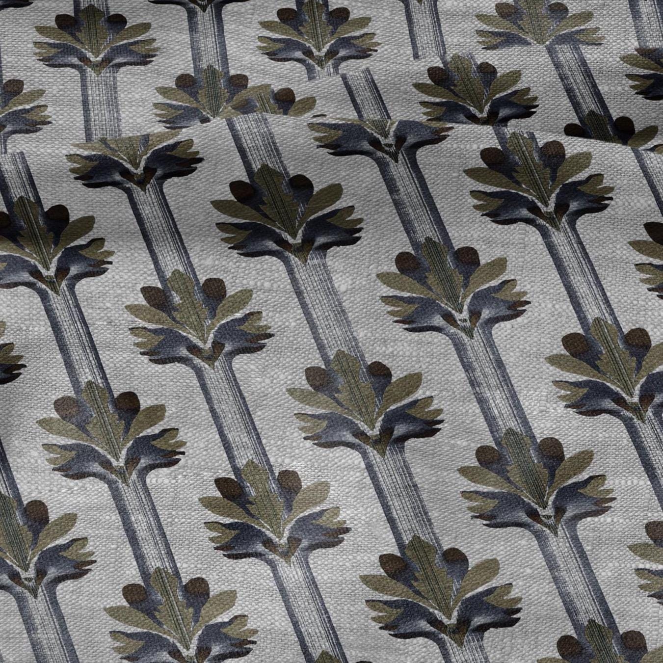 100% LINEN Fabric Art deco floral stripe print - botanical blue gray floral on oatmeal linen - modern vintage 3034