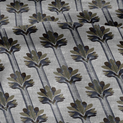 100% LINEN Fabric Art deco floral stripe print - botanical blue gray floral on oatmeal linen - modern vintage 3034