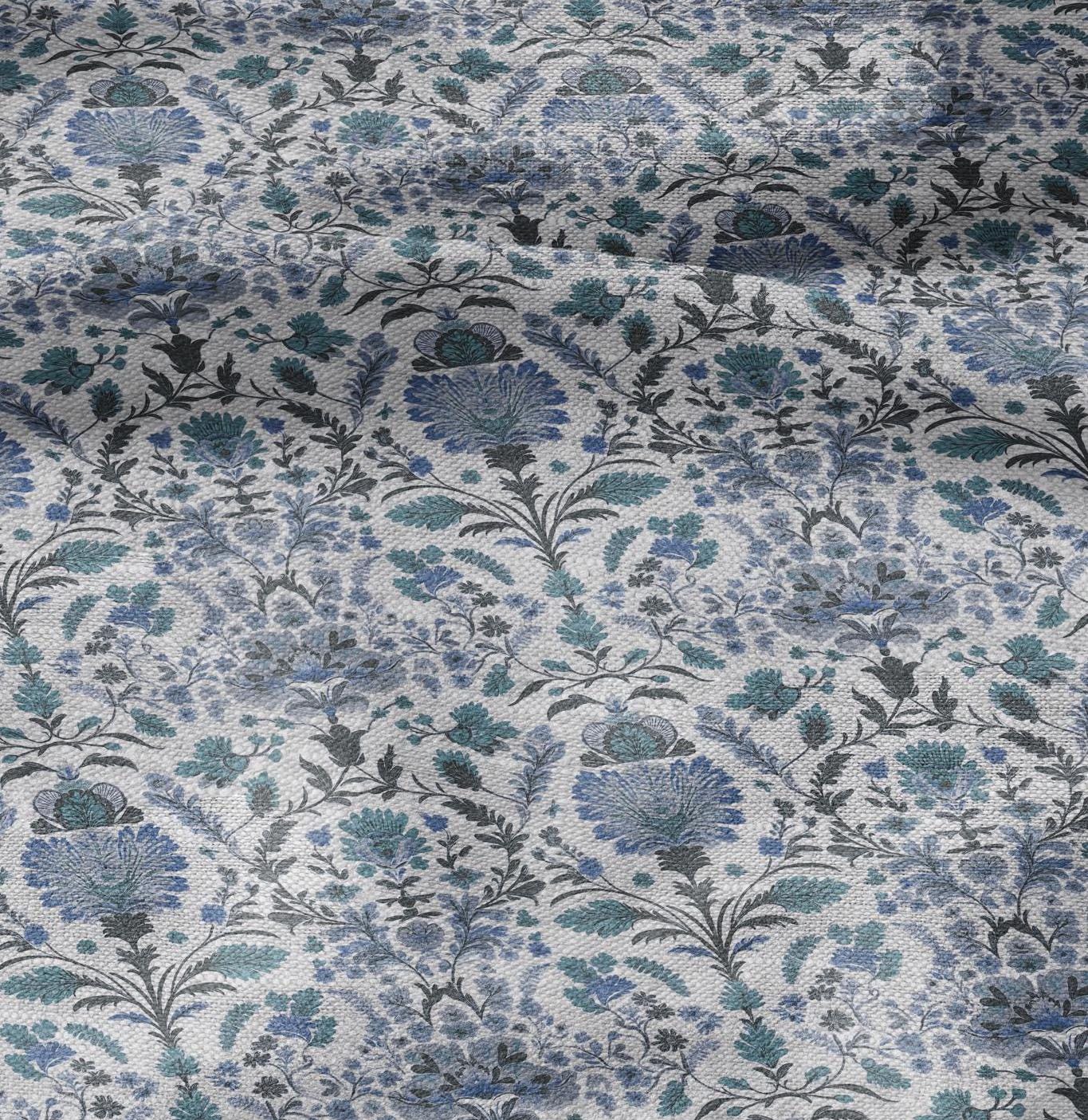100% LINEN Fabric block print pale blue on white - floral linen Fabric LithuanianLinen for upholstery dressmaking curtains home textile