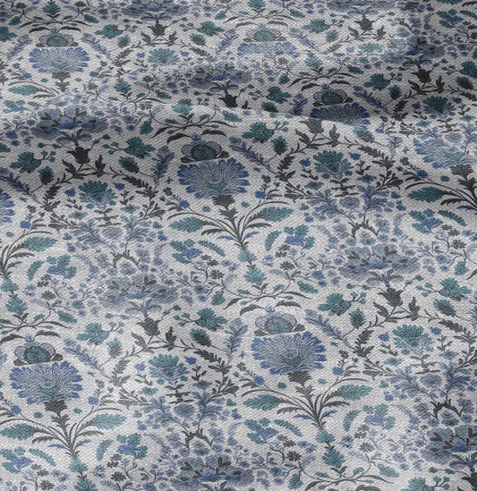 100% LINEN Fabric block print pale blue on white - floral linen Fabric LithuanianLinen for upholstery dressmaking curtains home textile