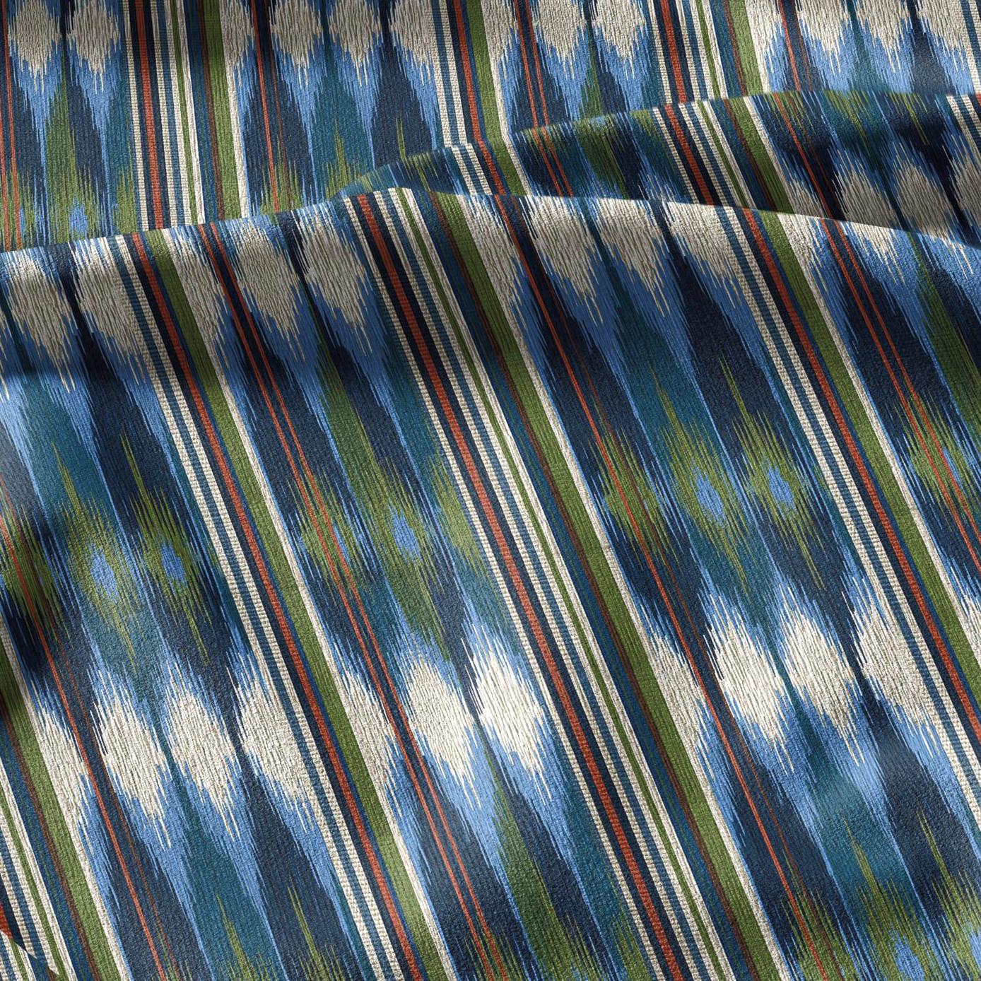 100% linen fabric green blue ikat stripe print - Vintage abstract modern geometric 3398