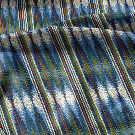 100% linen fabric green blue ikat stripe print - Vintage abstract modern geometric 3398
