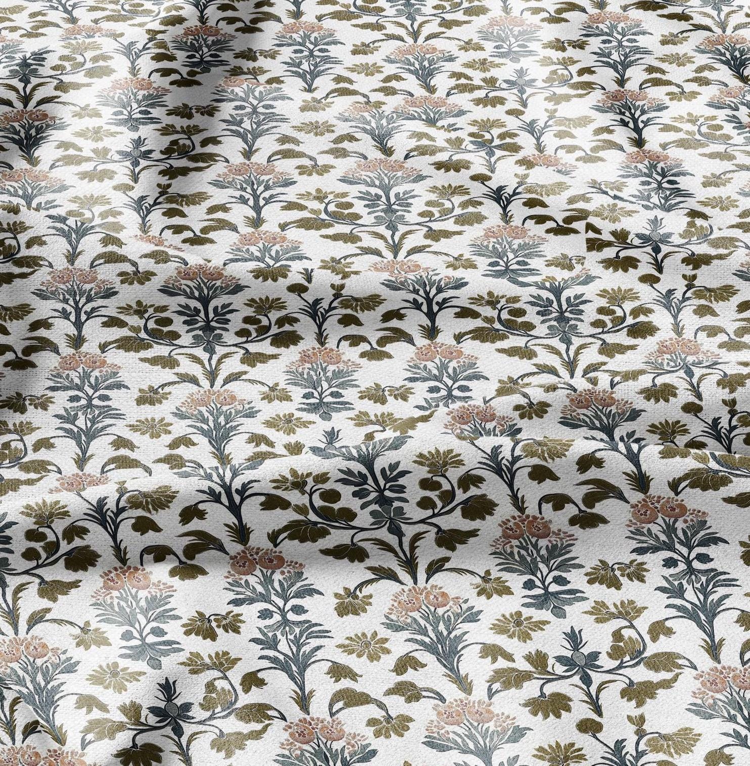 100% LINEN Fabric block print - linen fabric with blue red khaki white floral print - heavy linen fabric for upholstery home decor