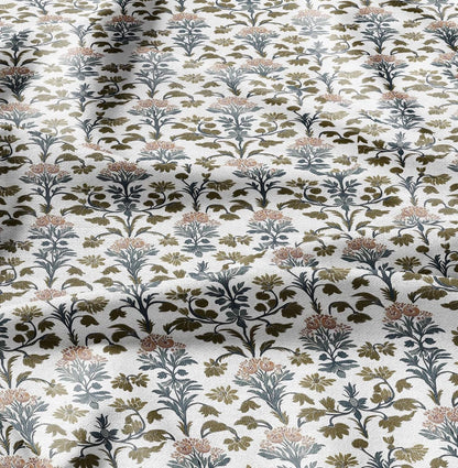100% LINEN Fabric block print - linen fabric with blue red khaki white floral print - heavy linen fabric for upholstery home decor