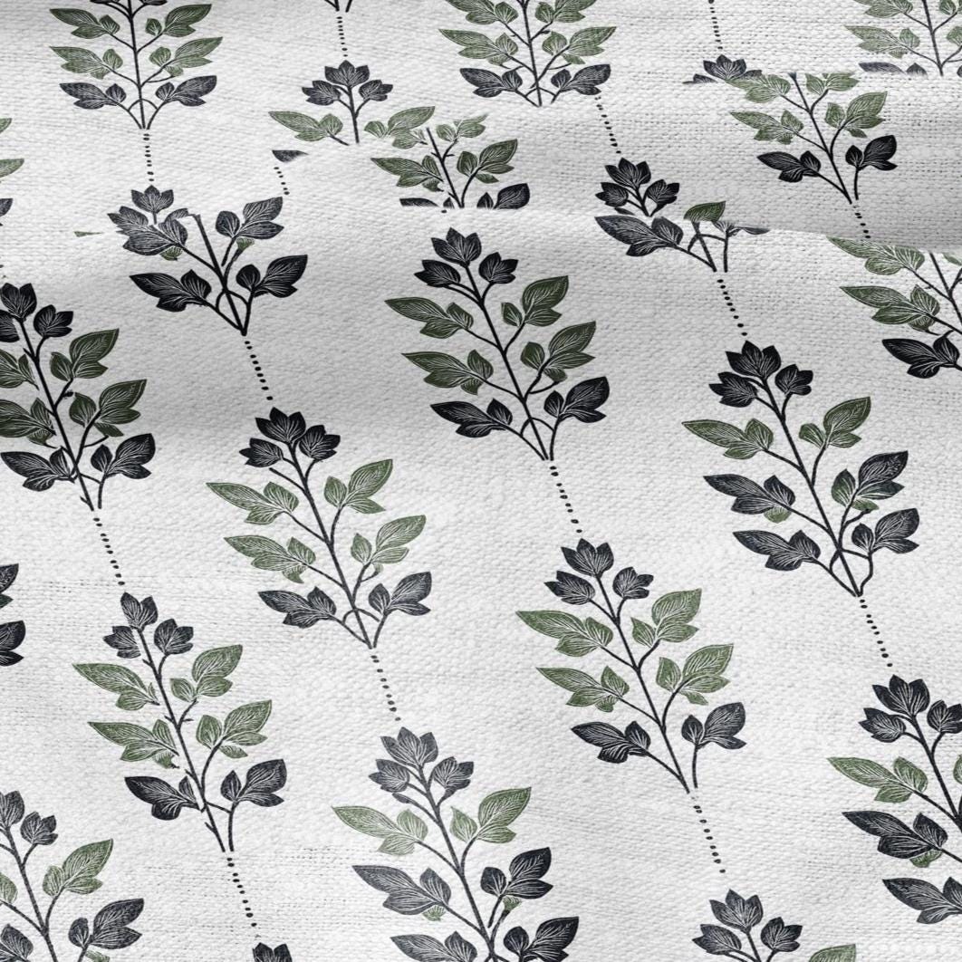 100% LINEN Fabric Leaves stripe print - Mid-century modern botanical stripe upholstery home textile artisan green white 2743