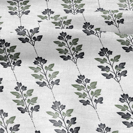 100% LINEN Fabric Leaves stripe print - Mid-century modern botanical stripe upholstery home textile artisan green white 2743