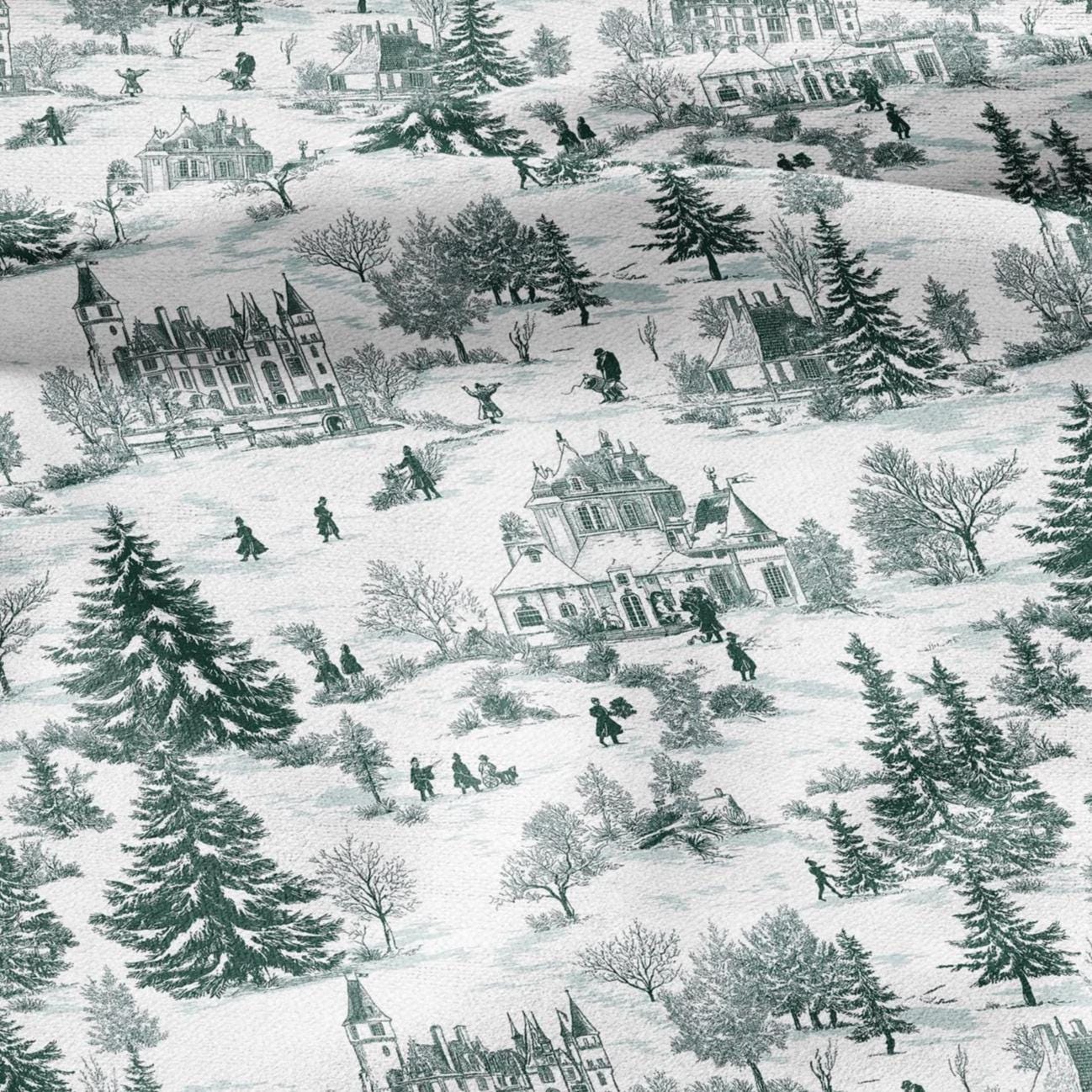 100% LINEN Fabric Winter Castle - toile de jouy green white print linen heavy for upholstery home decor - medium for dress making 2813