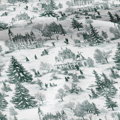 100% LINEN Fabric Winter Castle - toile de jouy green white print linen heavy for upholstery home decor - medium for dress making 2813