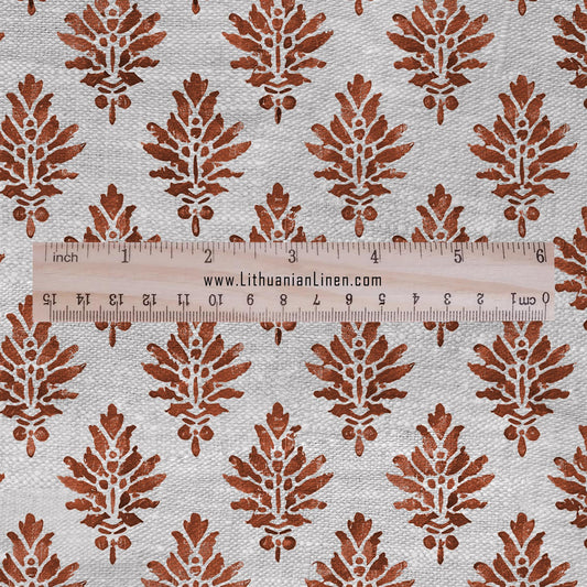 100% LINEN Fabric block print red on oatmeal linen - KENSI botanical fabric red indian block print on linen for home decor upholstery 3020