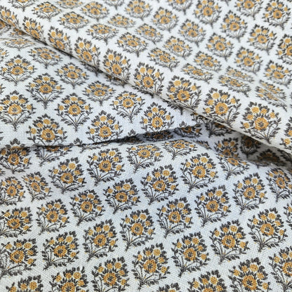 100% LINEN Fabric block print mustard brown yellow on white - heavy linen fabric upholstery home decor or medium for clothing 2513 Vadodara