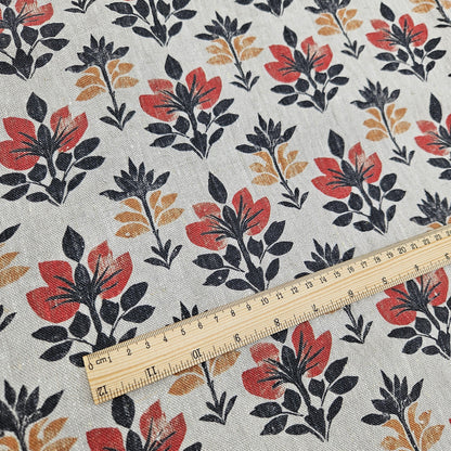 100% LINEN Fabric block print black red on grey | oatmeal linen fabric with floral print | linen fabric for upholstery home decor  2002
