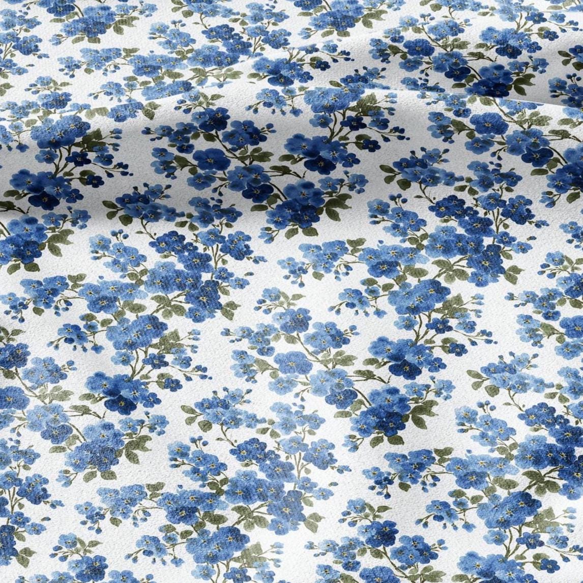 100% LINEN Fabric Block print Forget me not flower - botanical upholstery home textile artisan fabrics blue white 2913